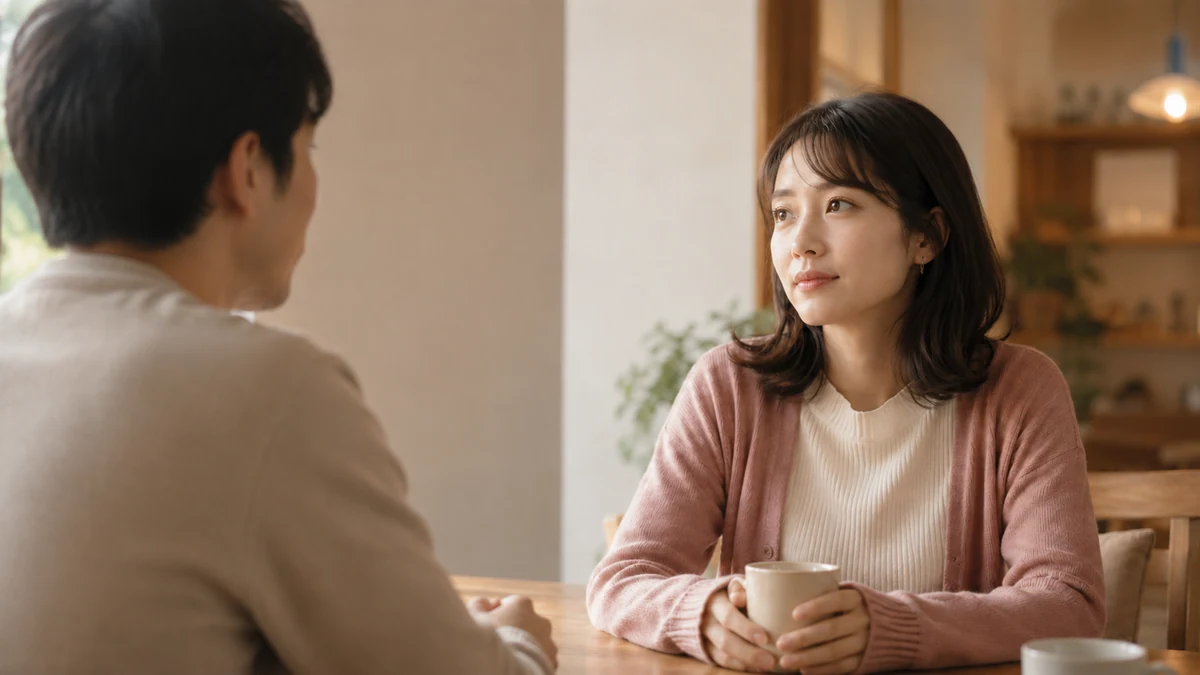 カフェで過去の恋愛について聞かれ、どう答えるか考える女性