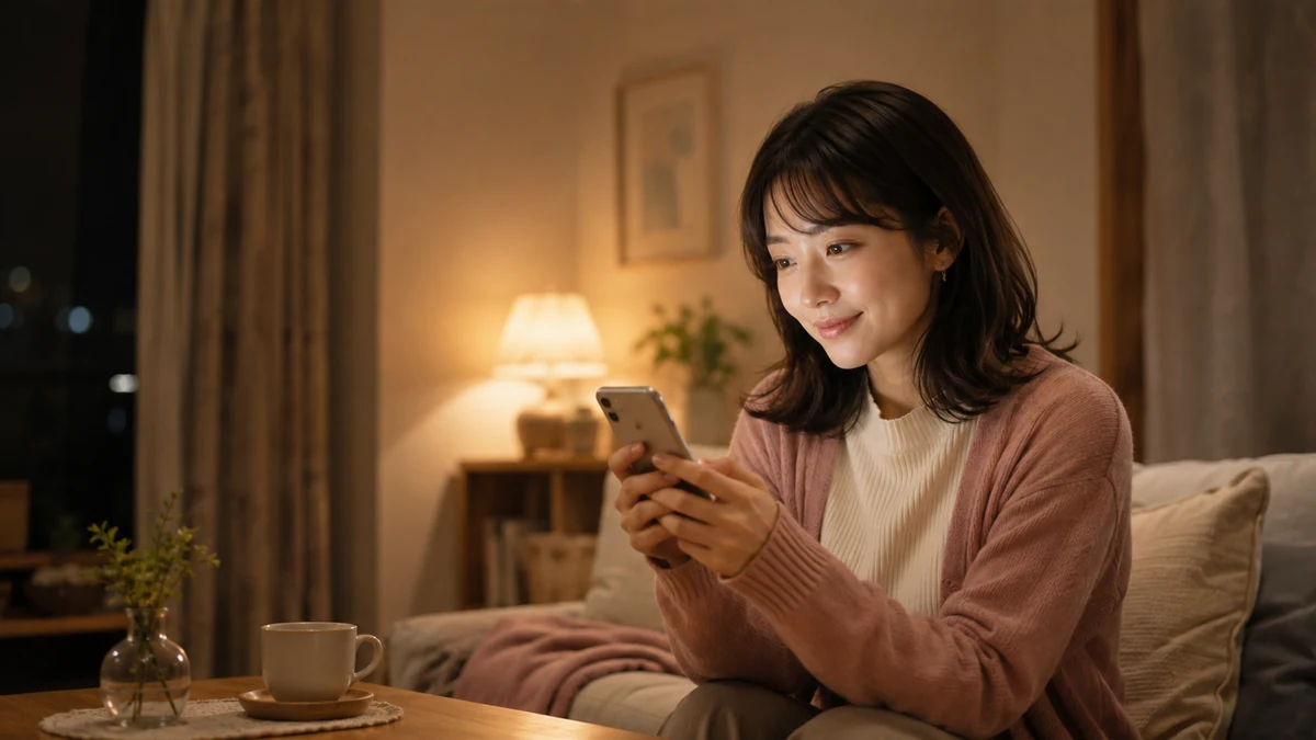初めてのデートから帰宅し、また話したい相手へ穏やかな気持ちでメッセージを送る女性