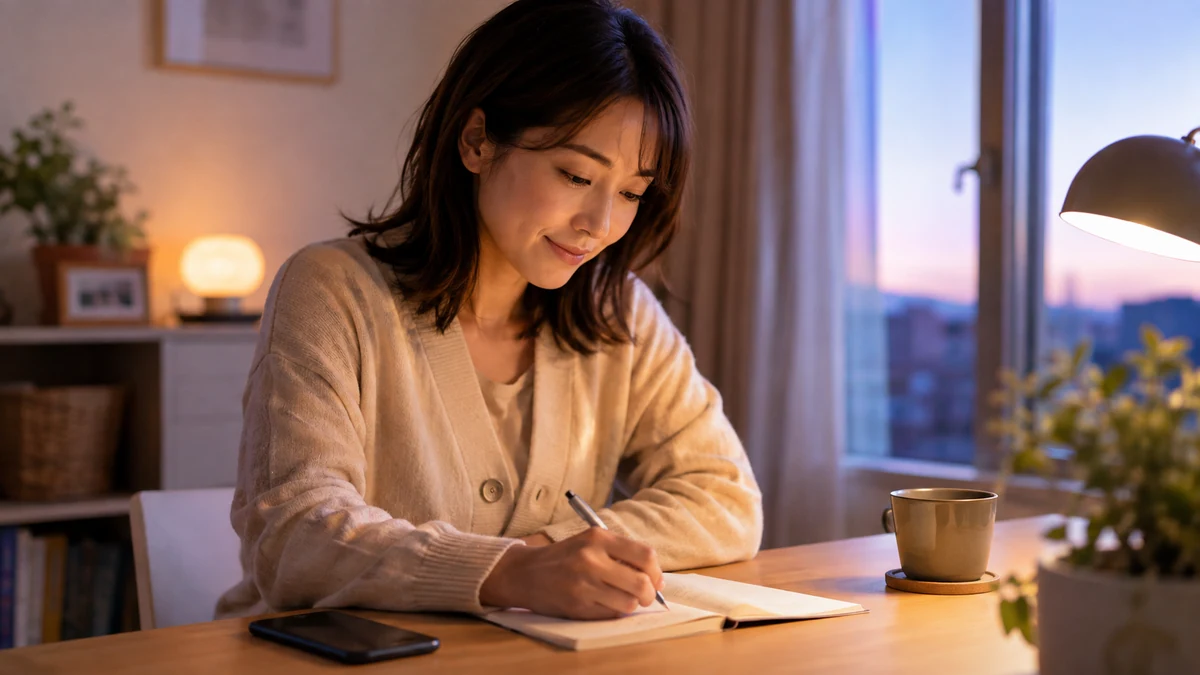 電話相談後にノートへ気持ちと次の行動を書き出す女性