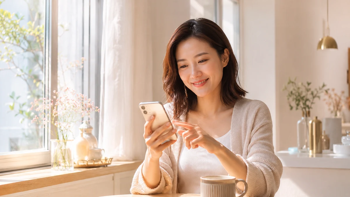 朝の光の中で自分の気持ちを確かめながらLINEの文章を考える女性