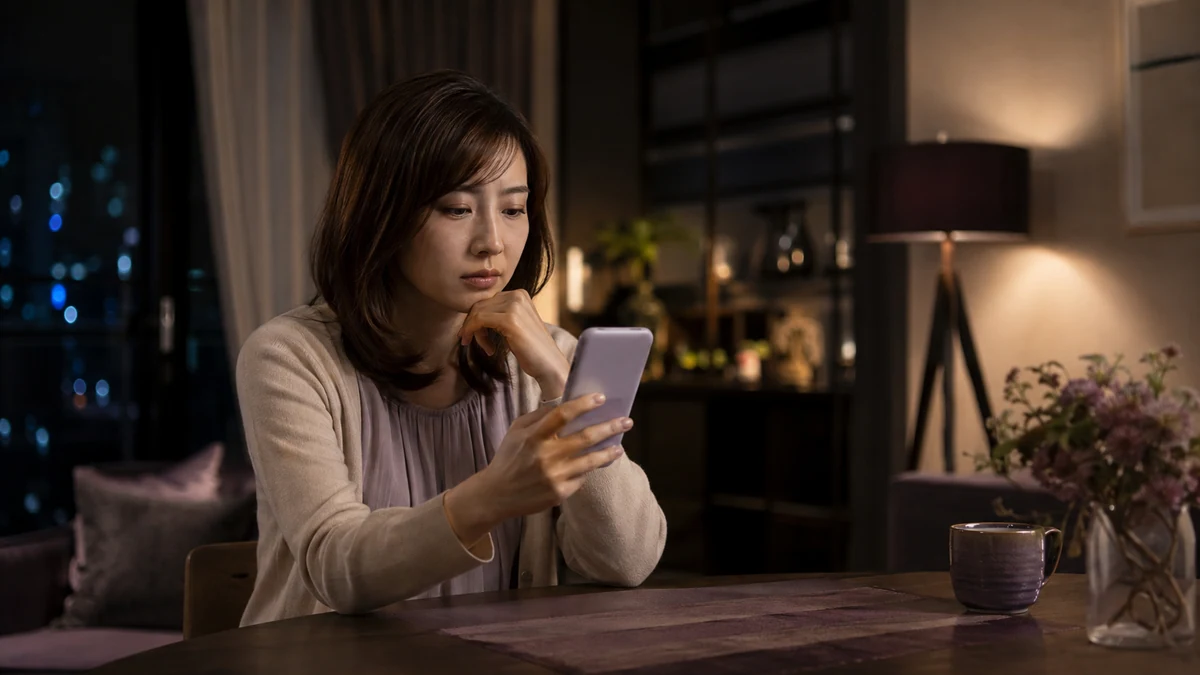 深夜にスマートフォンを見ながら電話占いを利用するか迷う女性