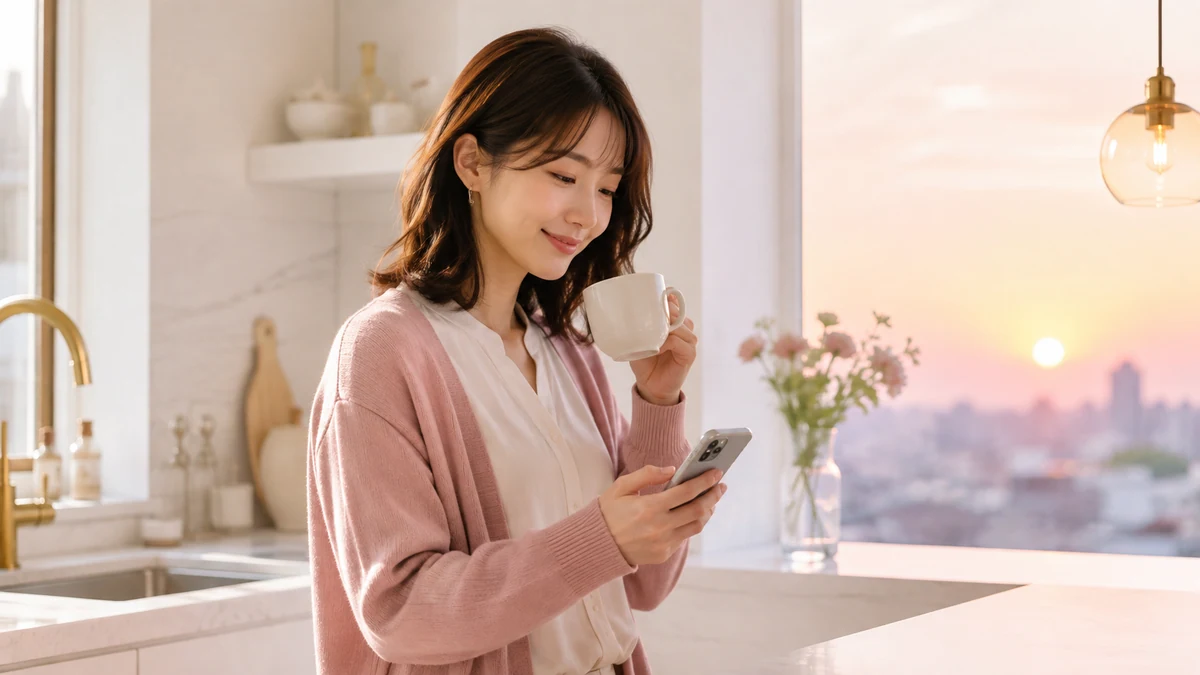 朝の光の中で自分の言葉で彼へ送るメッセージを考える女性