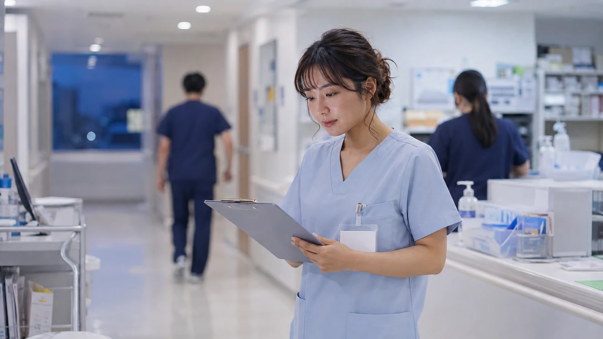 夕方の病棟で記録を確認しながら働く看護師
