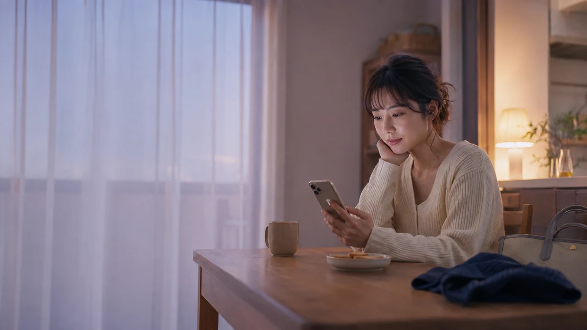 夜勤明けの朝にスマートフォンを見る看護師の女性