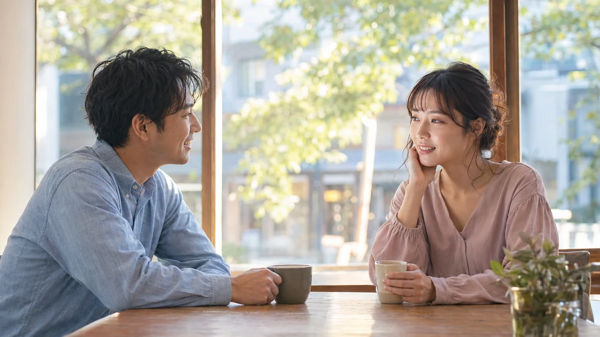 平日のカフェで穏やかに会話する男女