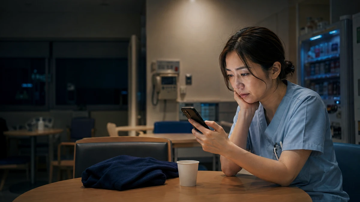 夜勤の休憩中に白衣コンの口コミを調べる看護師
