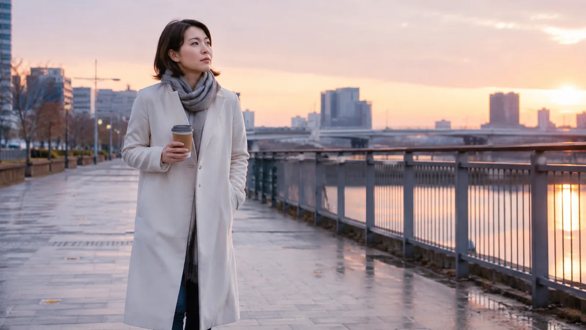 元彼への連絡を一晩置き、朝の川沿いを歩いて気持ちを整える女性