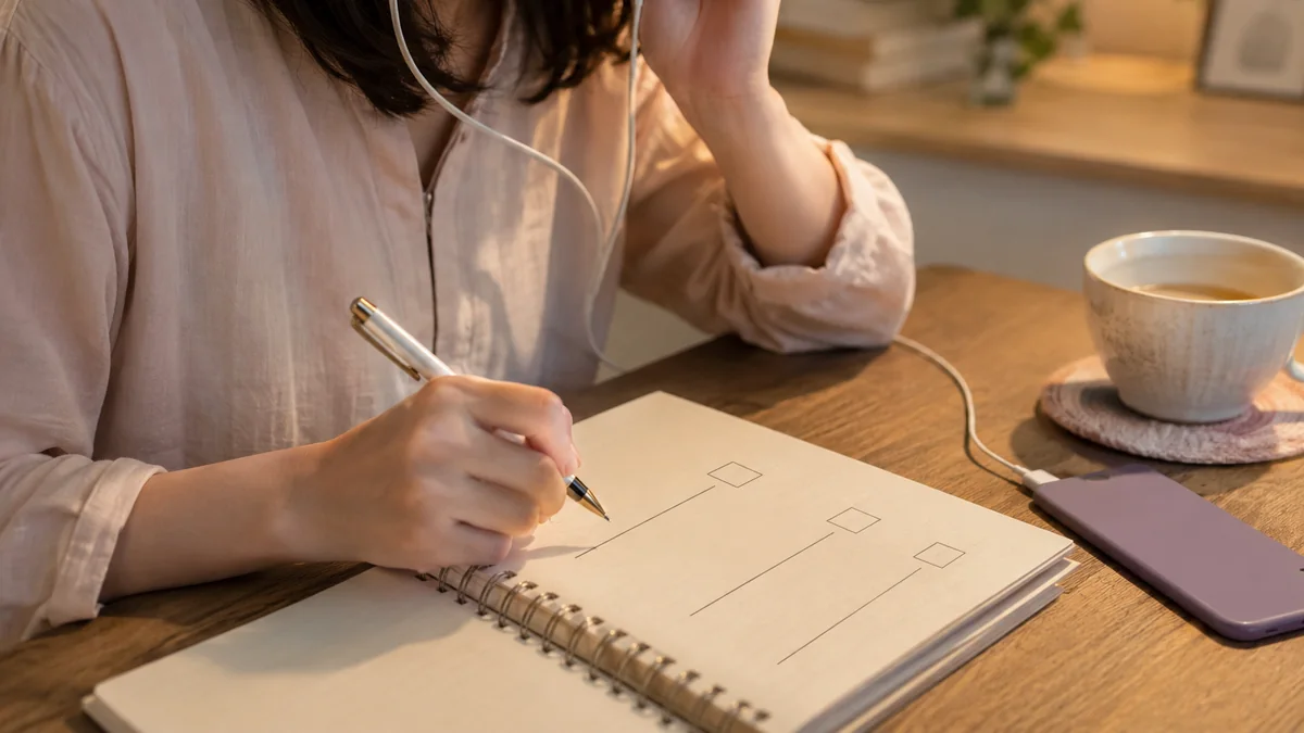 電話相談の前に聞きたいことと時間の上限をノートへ整理する女性