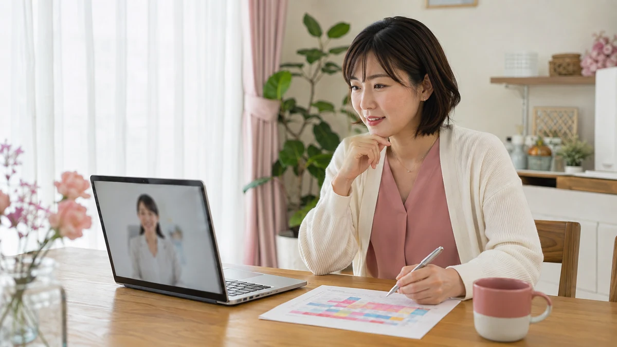 休日に自宅で勤務表を手元に置き、オンラインで婚活相談をする看護師