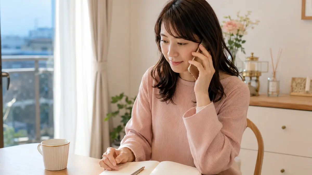 追いLINEを送る前に相談内容をノートへ整理しながら電話で話す女性