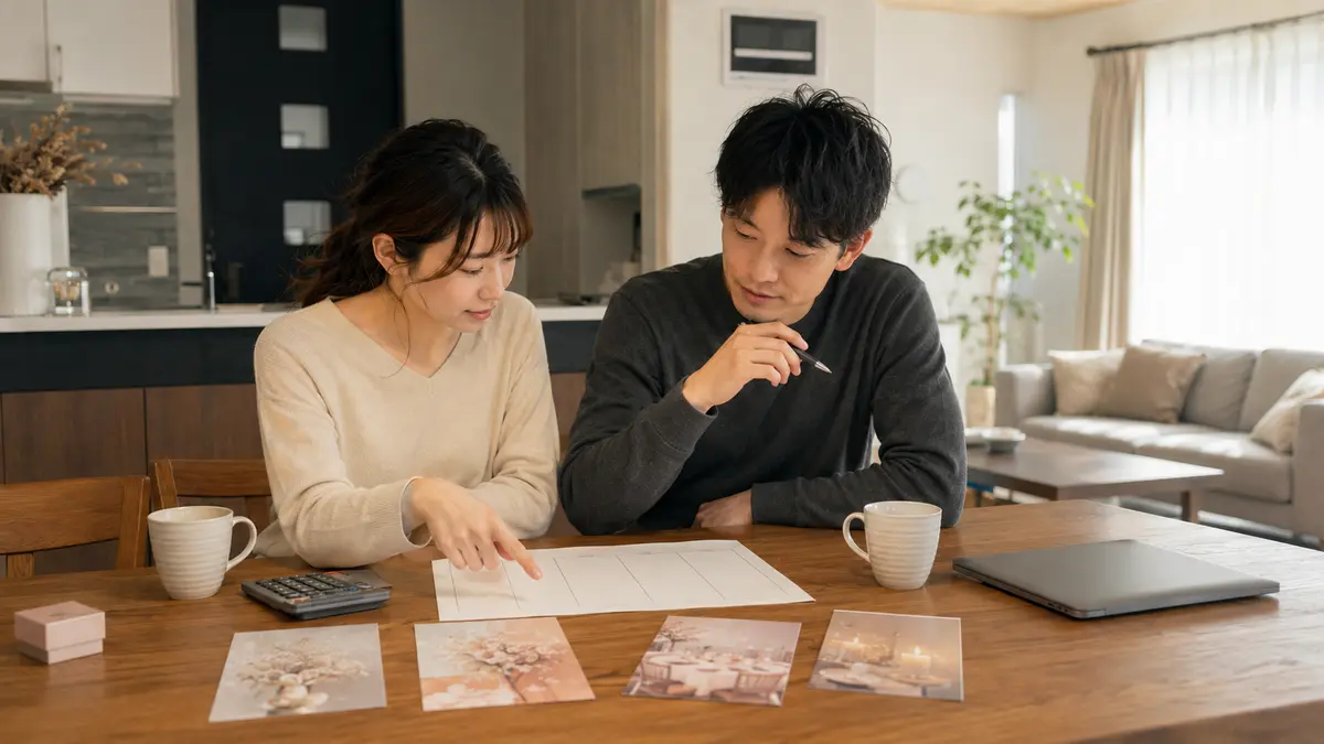 結婚式の4つの選択肢を朝の食卓で一緒に比較する二人